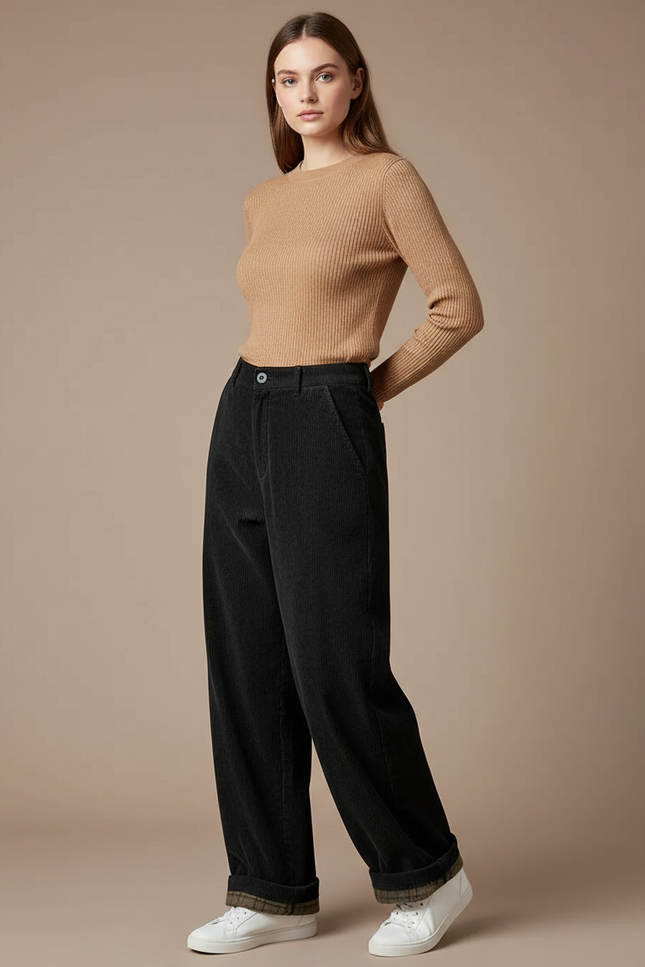 Pantalon Boyfriend Velours Femme - Noir Cordé
