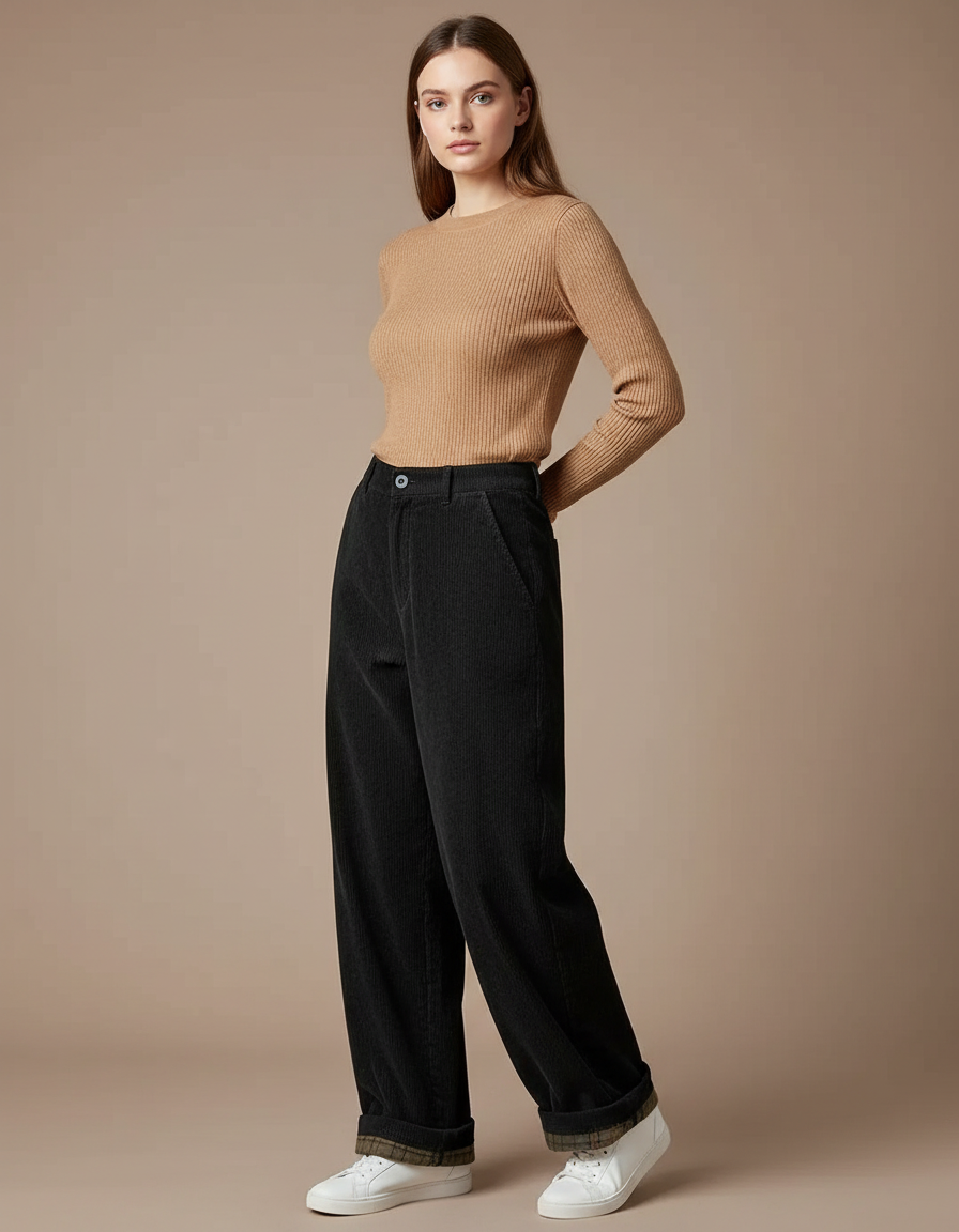 Pantalon Boyfriend Velours Femme - Noir Cordé