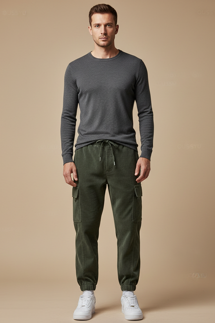 Pantalon Velours Cargo Vert Côtelé Décontracté Homme - Cordé
