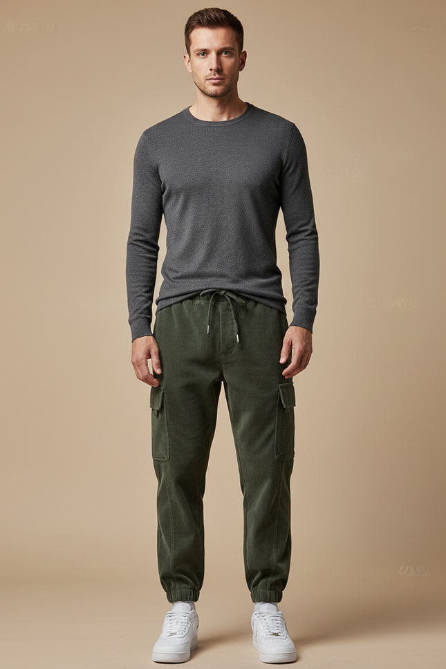 Pantalon Velours Cargo Vert Côtelé Décontracté Homme - Cordé