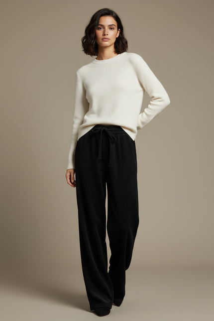 Pantalon Velours Noir Côtelé Large Taille Haute Fluide - Cordé
