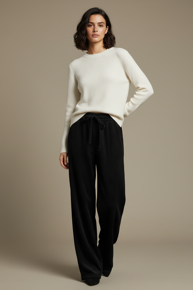 Pantalon Velours Noir Côtelé Large Taille Haute Fluide - Cordé