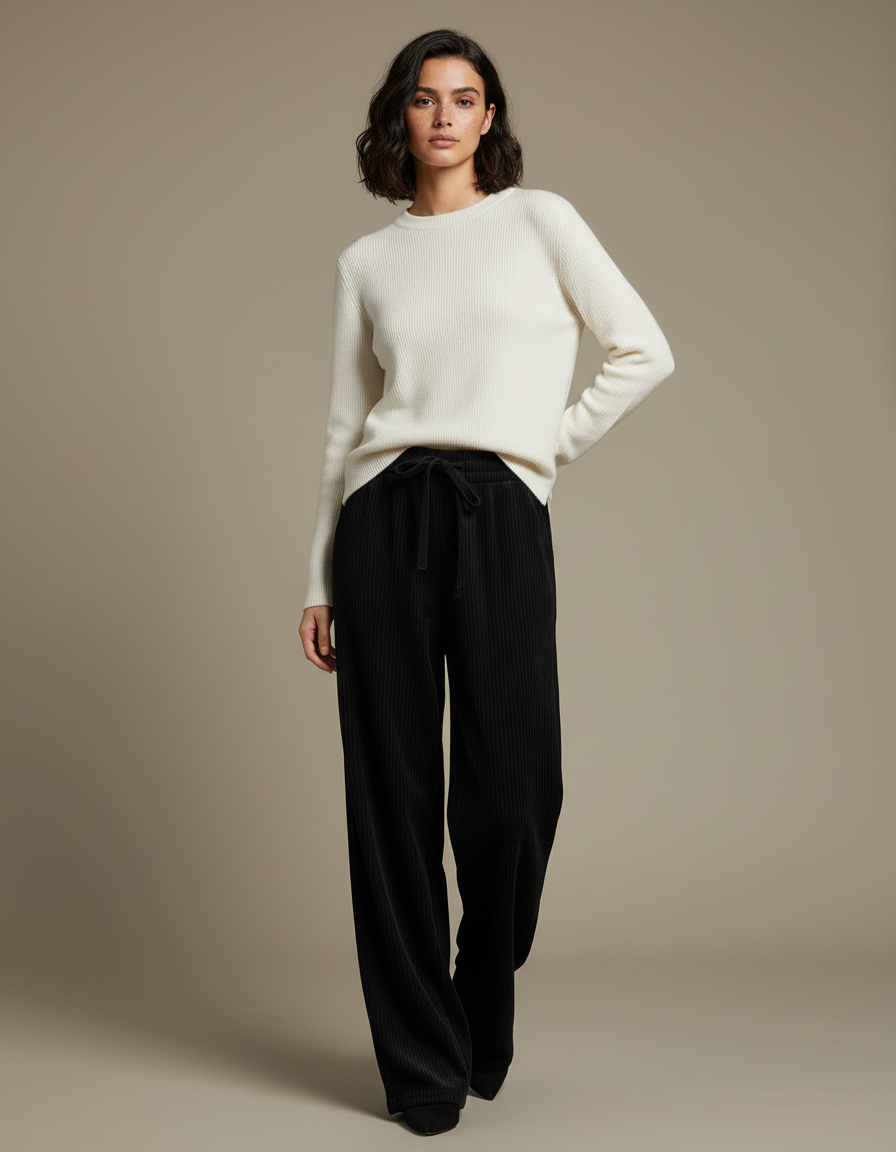Pantalon Velours Noir Côtelé Large Taille Haute Fluide - Cordé