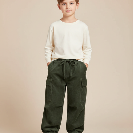 Pantalon Velours Côtelé Vert Cargo Enfant - Cordé