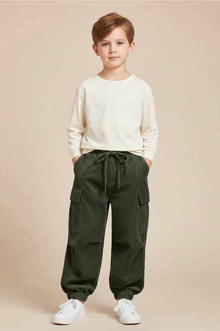 Pantalon Velours Côtelé Vert Cargo Enfant - Cordé