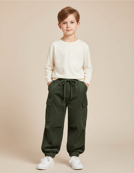 Pantalon Velours Côtelé Vert Cargo Enfant - Cordé