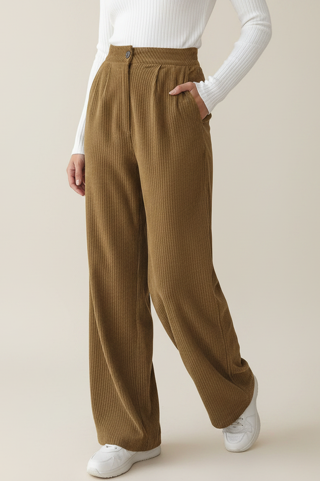 Pantalon Velours Côtelé Marron Ample Décontracté Taille Haute - Cordé