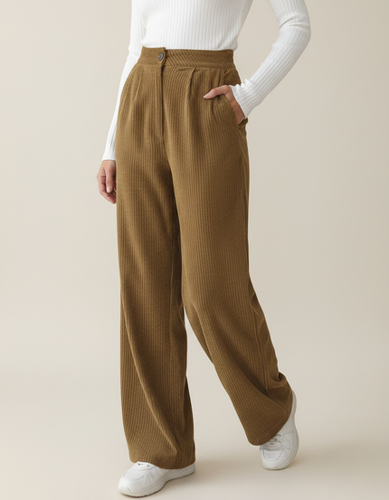 Pantalon Velours Côtelé Marron Ample Décontracté Taille Haute - Cordé