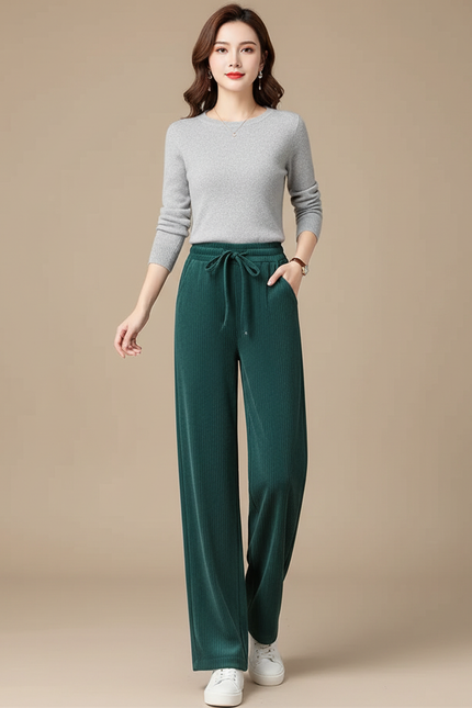 Pantalon Velours Vert Côtelé Ample Décontracté Cordon - Cordé