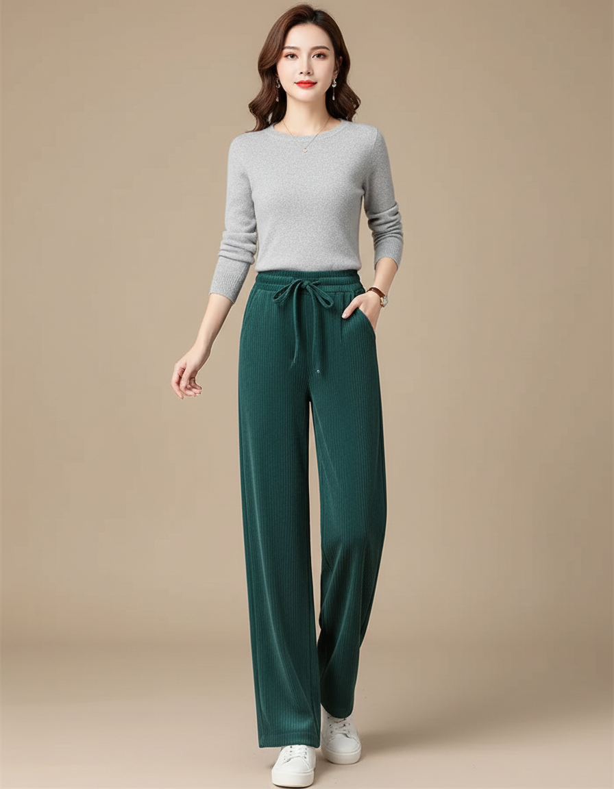 Pantalon Velours Vert Côtelé Ample Décontracté Cordon - Cordé