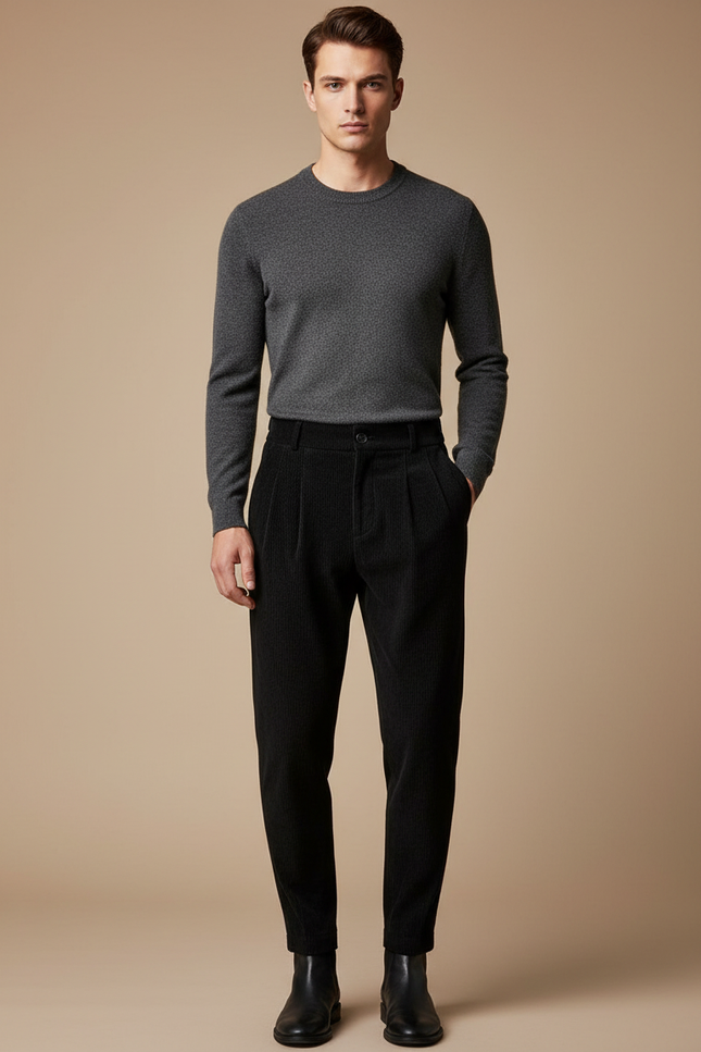 Pantalon Velours Côtelé Noir Plissé Homme Décontracté - Cordé