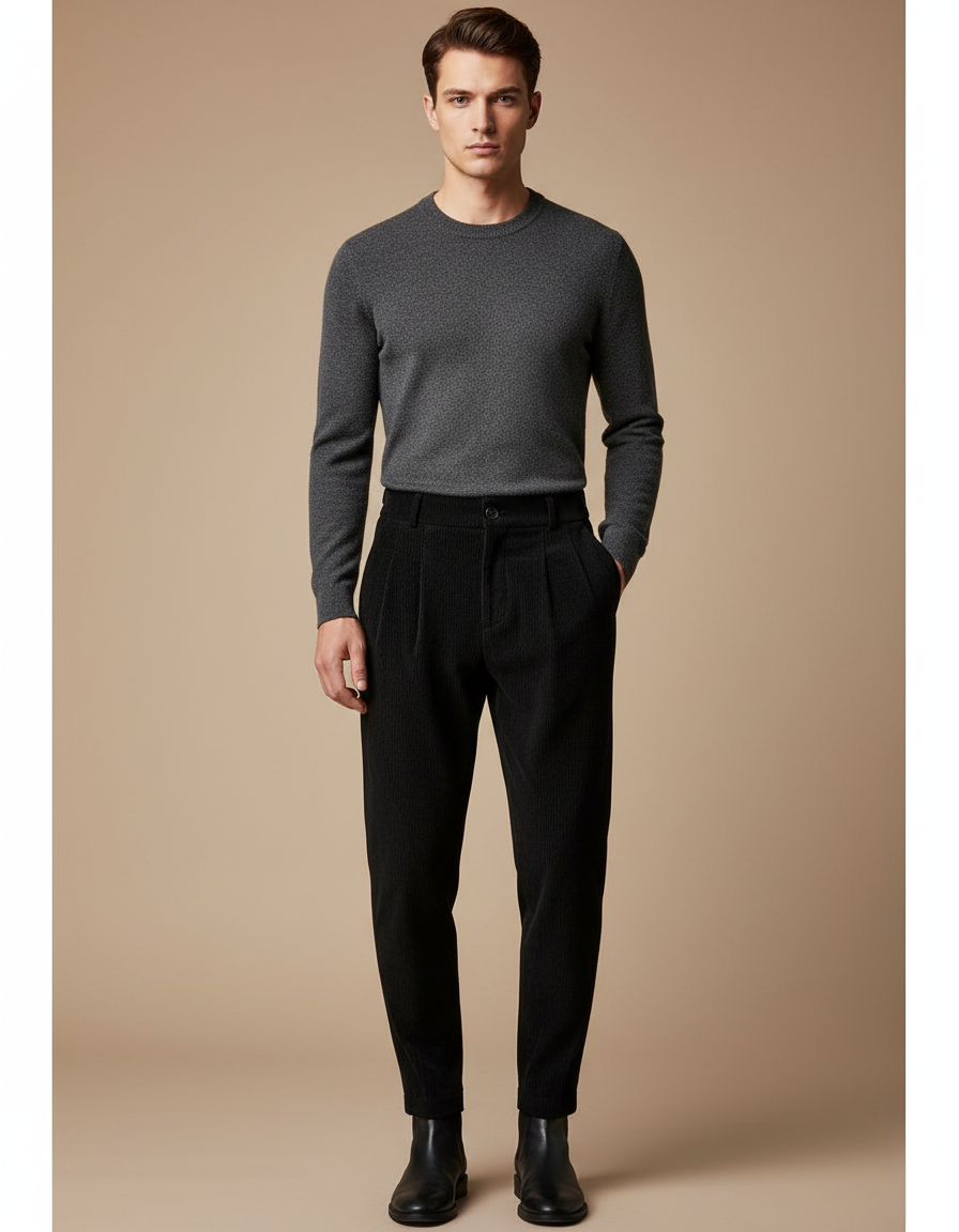 Pantalon Velours Côtelé Noir Plissé Homme Décontracté - Cordé