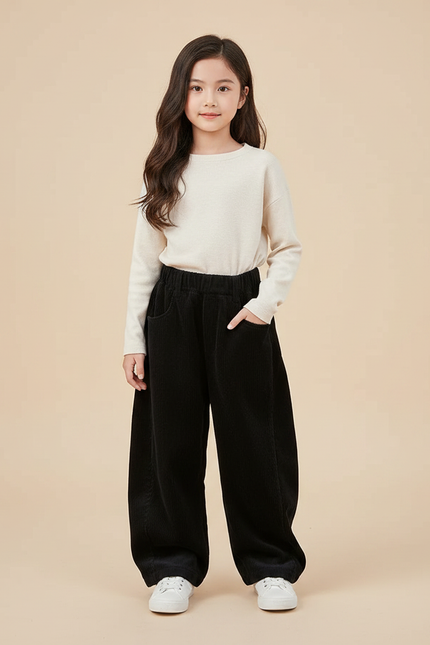 Pantalon Velours Noir Côtelé Ample Décontracté Fille - Cordé