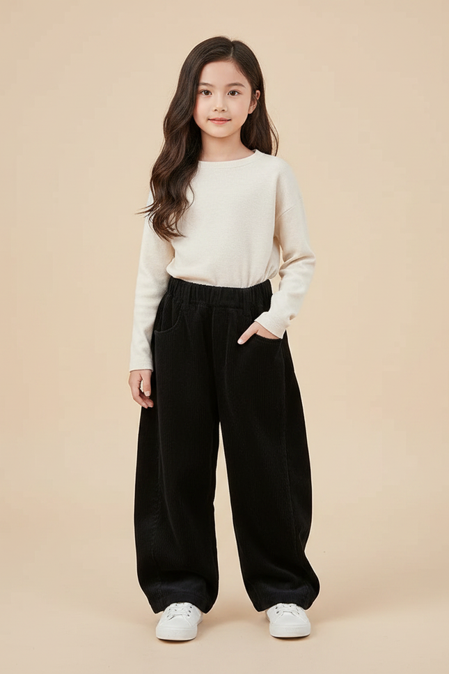 Pantalon Velours Noir Côtelé Ample Décontracté Fille - Cordé