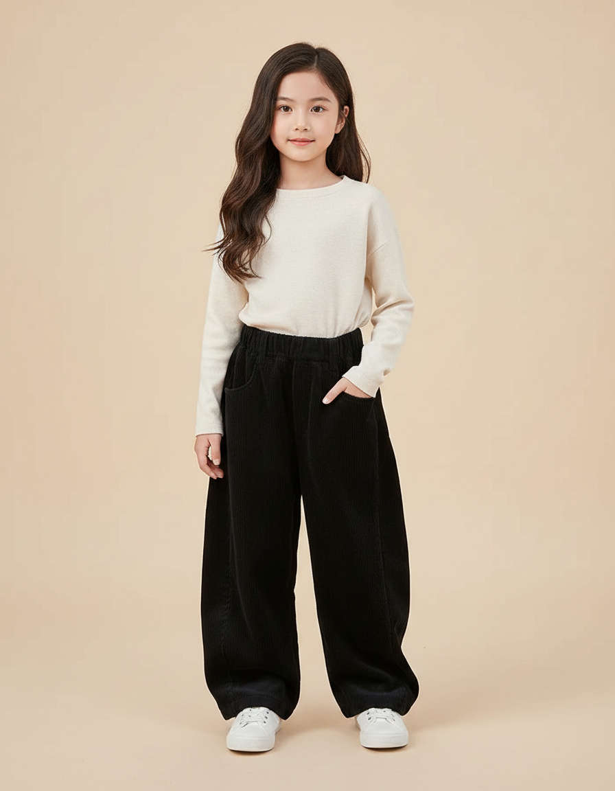 Pantalon Velours Noir Côtelé Ample Décontracté Fille - Cordé