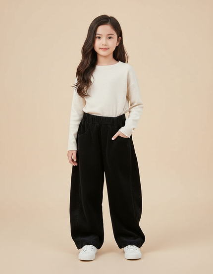 Pantalon Velours Noir Côtelé Ample Décontracté Fille - Cordé