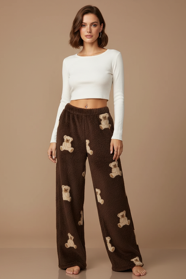 Pantalon Velours Marron Oursons Ample Doux Femme - Molleton