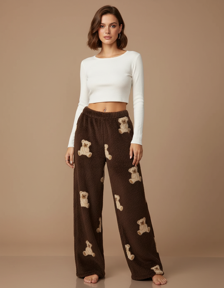 Pantalon Velours Marron Oursons Ample Doux Femme - Molleton