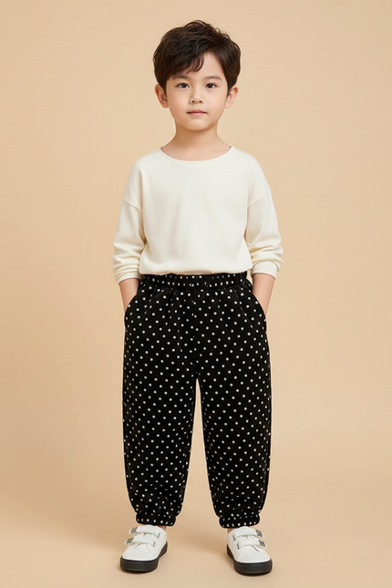 Pantalon Velours Noir À Pois Ample Décontracté Enfant
