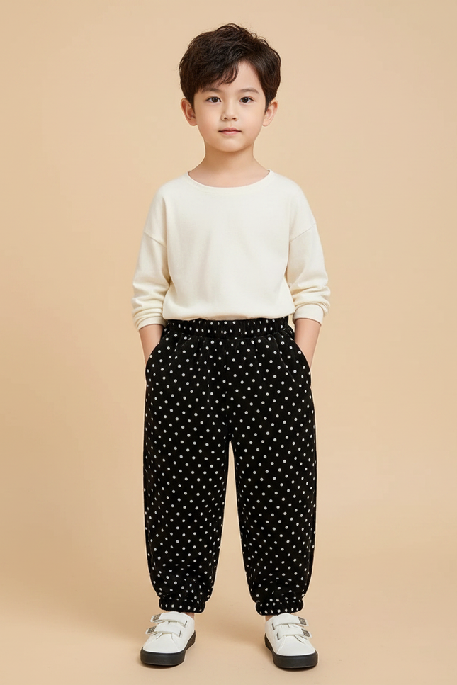 Pantalon Velours Noir À Pois Ample Décontracté Enfant