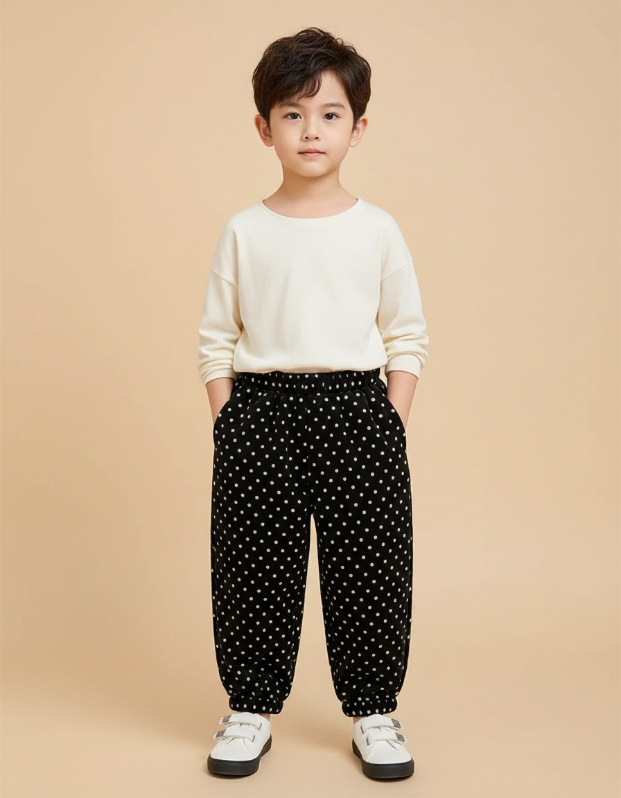 Pantalon Velours Noir À Pois Ample Décontracté Enfant
