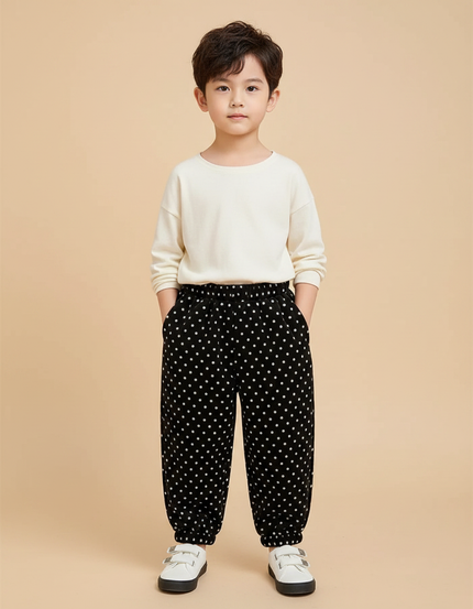 Pantalon Velours Noir À Pois Ample Décontracté Enfant