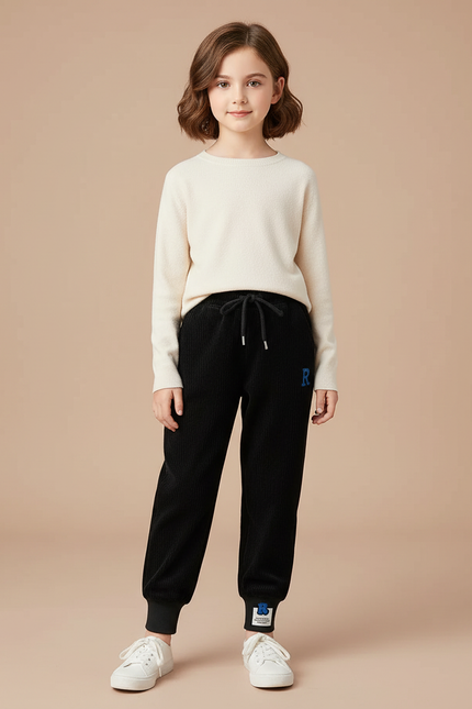 Pantalon Velours Noir Côtelé Ample Doublé Fille