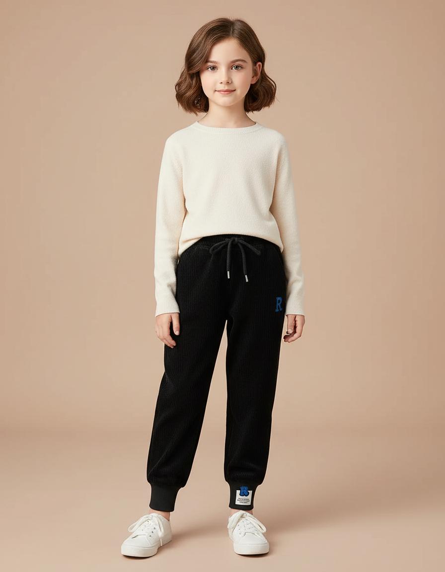 Pantalon Velours Noir Côtelé Ample Doublé Fille