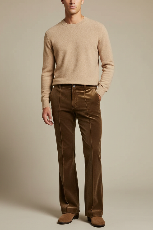 Pantalon Velours Marron Évasé Côtelé Homme Élégant