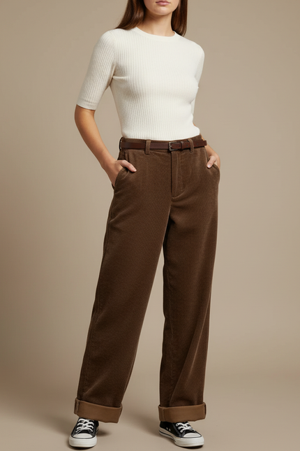 Pantalon Velours Marron Côtelé Large Décontracté Ceinturé - Cordé