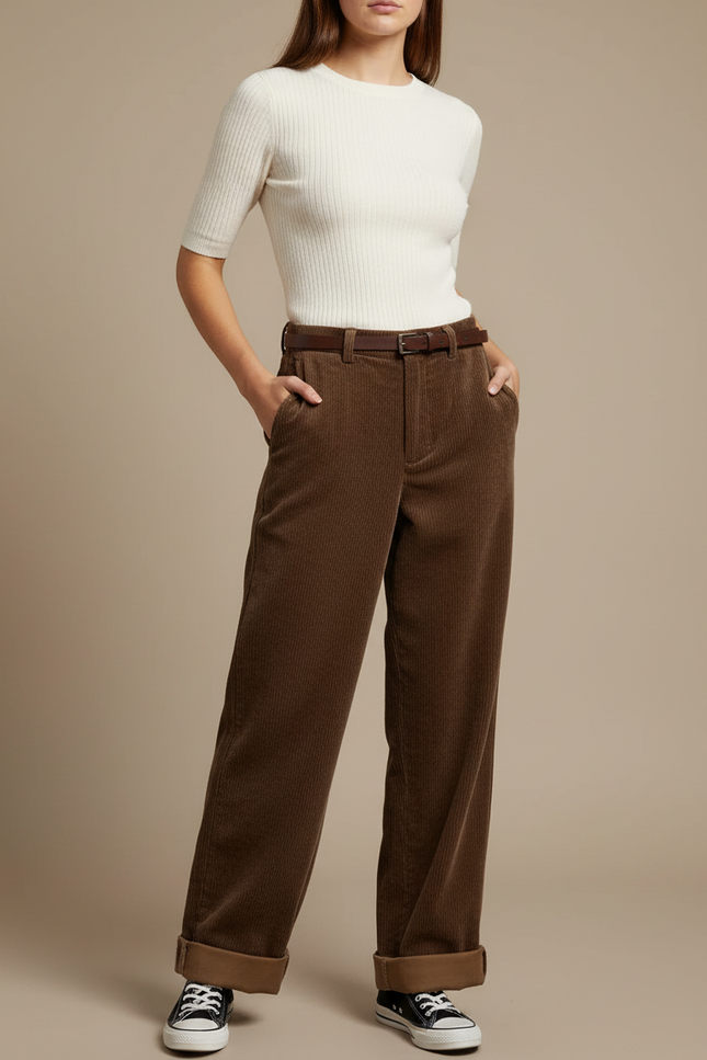 Pantalon Velours Marron Côtelé Large Décontracté Ceinturé - Cordé