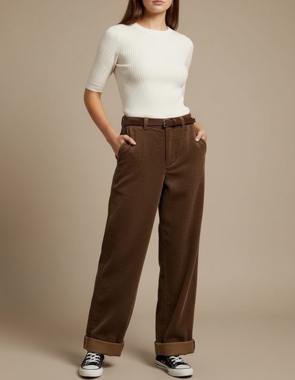 Pantalon Velours Marron Côtelé Large Décontracté Ceinturé - Cordé