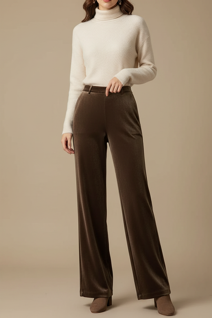 Pantalon Velours Marron Large Fluide Élégant