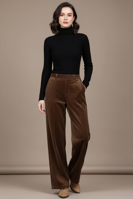 Pantalon Velours Marron Côtelé Large Élégant Femme - Cordé
