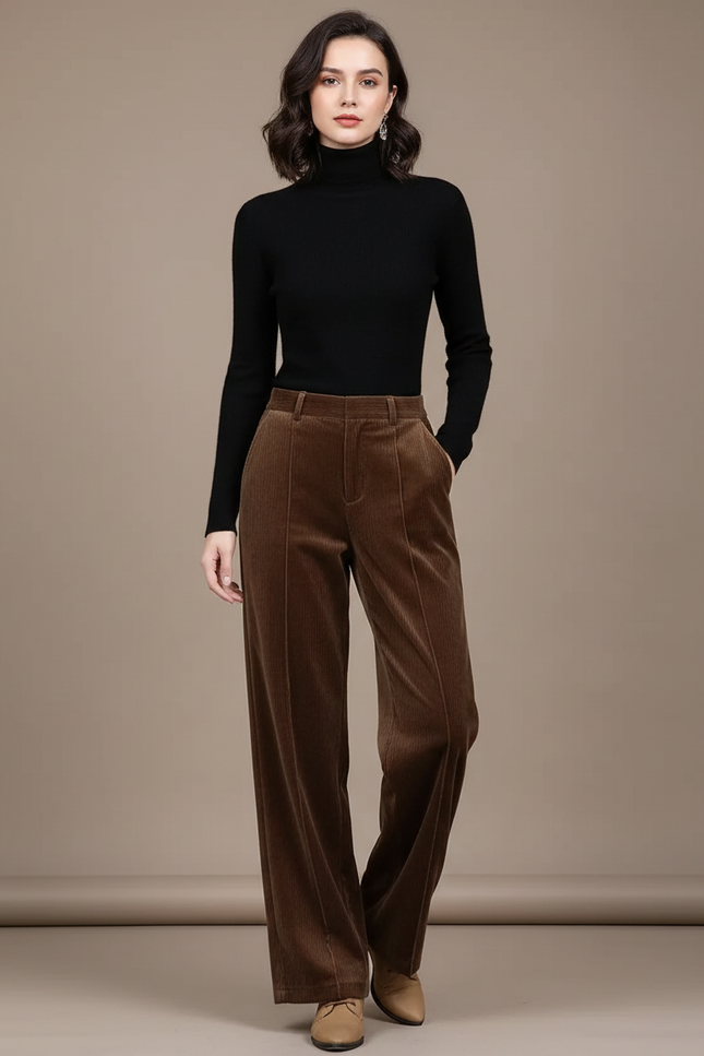 Pantalon Velours Marron Côtelé Large Élégant Femme - Cordé