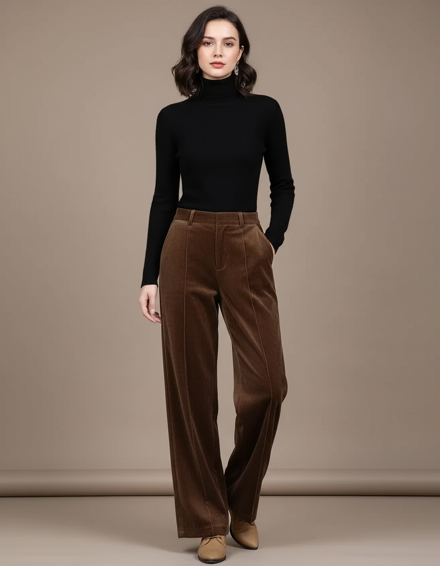 Pantalon Velours Marron Côtelé Large Élégant Femme - Cordé