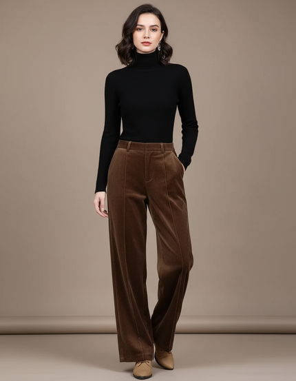 Pantalon Velours Marron Côtelé Large Élégant Femme - Cordé