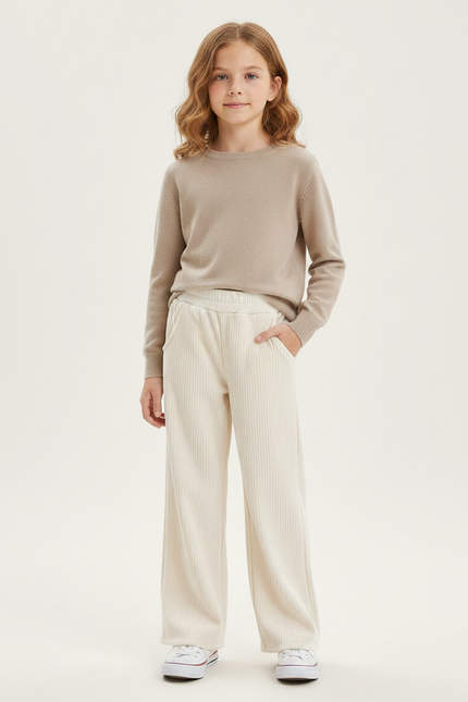 Pantalon Velours Écru Côtelé Ample Décontracté Fille - Beige Cordé