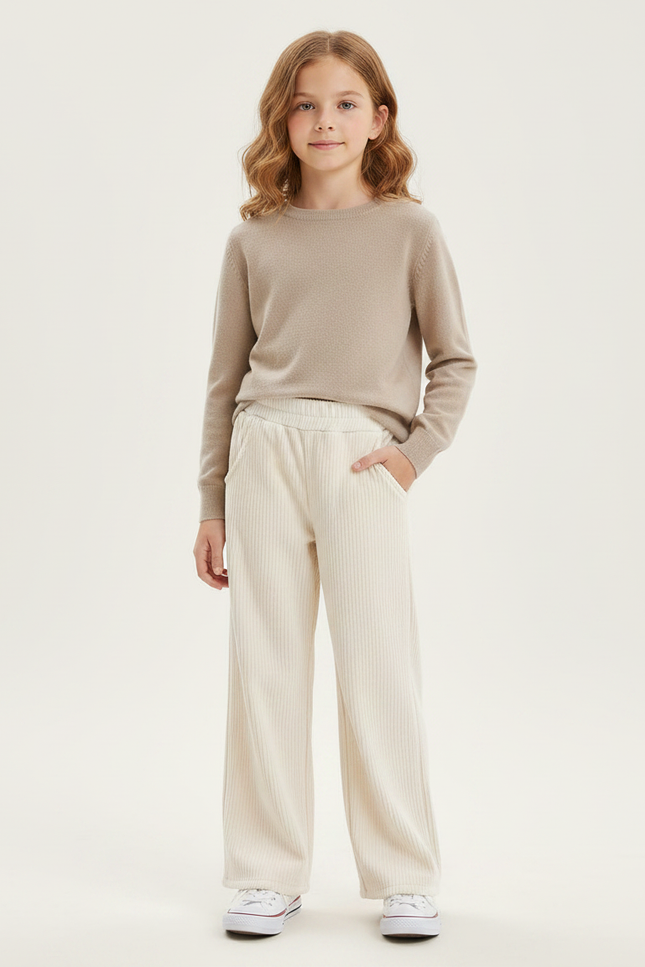 Pantalon Velours Écru Côtelé Ample Décontracté Fille - Beige Cordé