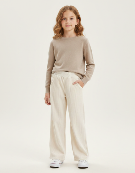 Pantalon Velours Écru Côtelé Ample Décontracté Fille - Beige Cordé