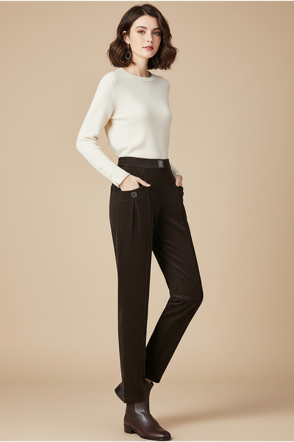 Pantalon Velours Marron Taille Haute Décontracté Élégant Femme - Cordé
