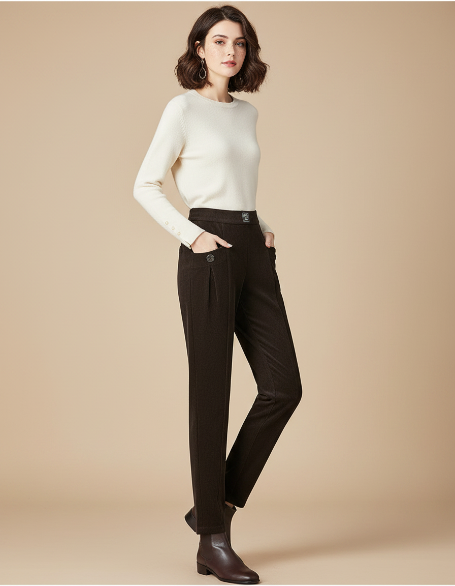 Pantalon Velours Marron Taille Haute Décontracté Élégant Femme - Cordé