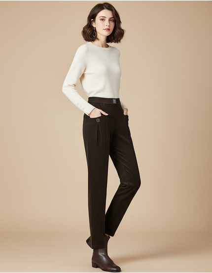 Pantalon Velours Marron Taille Haute Décontracté Élégant Femme - Cordé