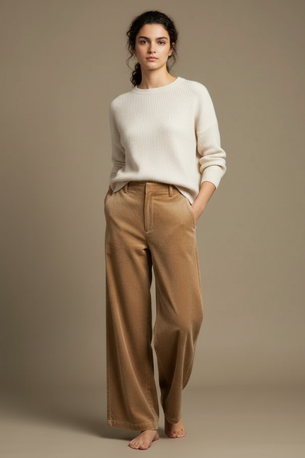 Pantalon Velours Large Beige Lisse Décontracté Femme - Camel Cordé
