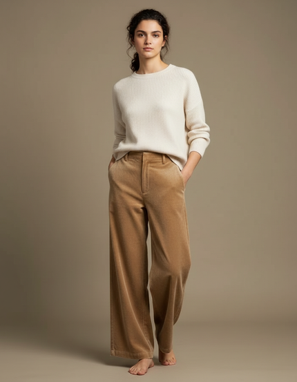 Pantalon Velours Large Beige Lisse Décontracté Femme - Camel Cordé