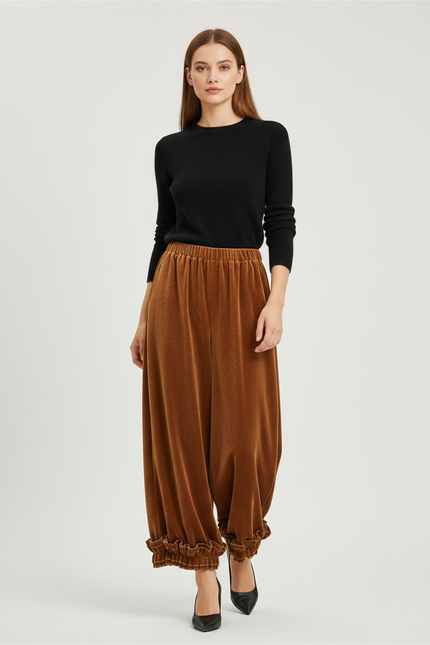 Pantalon Velours Marron Ample Fluide Volants Femme - Camel