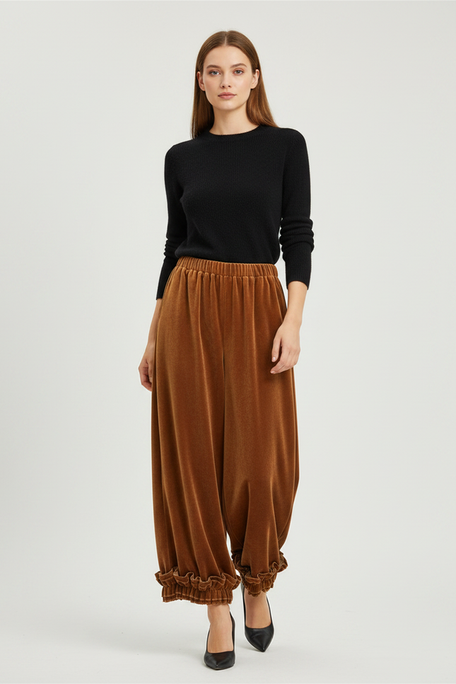 Pantalon Velours Marron Ample Fluide Volants Femme - Camel