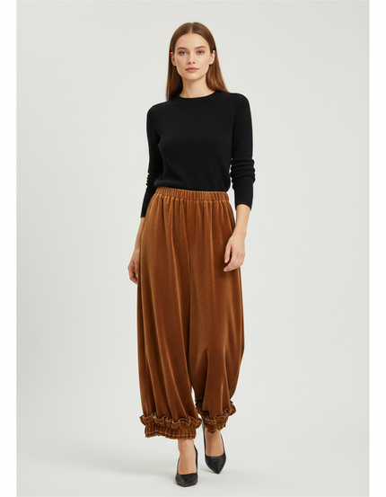 Pantalon Velours Marron Ample Fluide Volants Femme - Camel