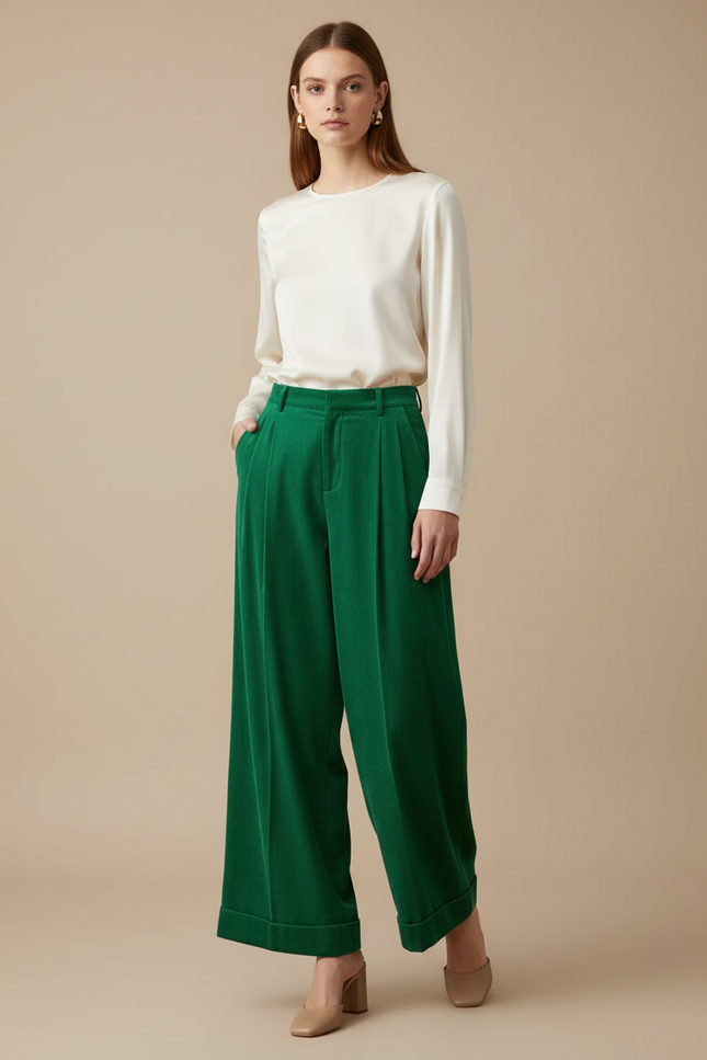 Pantalon Velours Vert Côtelé Ample Élégant Femme - Cordé