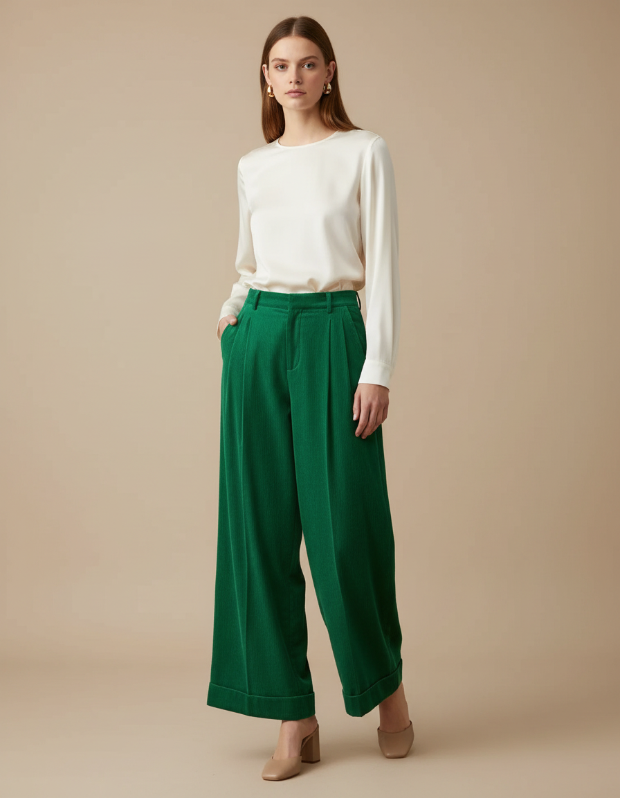 Pantalon Velours Vert Côtelé Ample Élégant Femme - Cordé